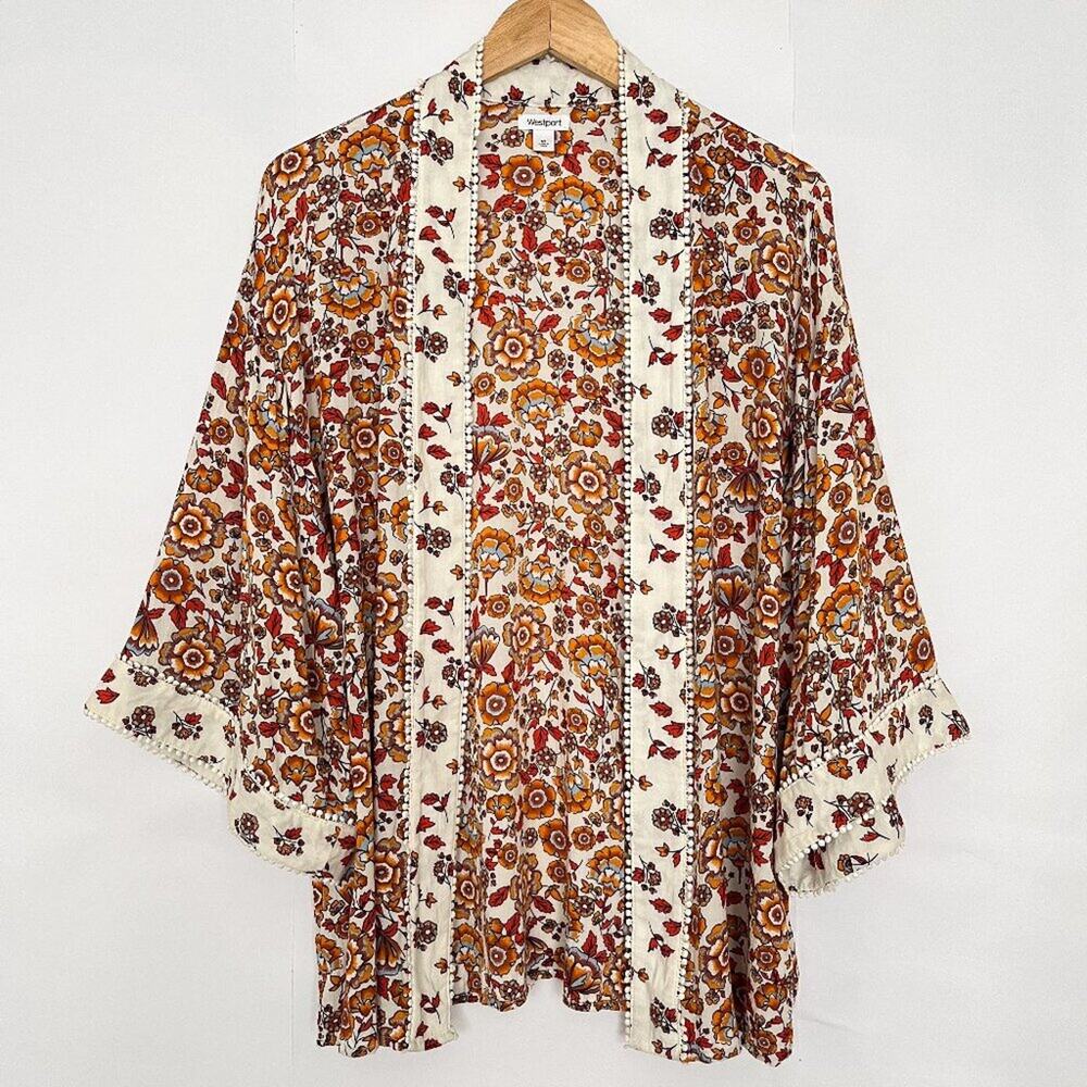 Westport Floral Kimono Oversized 3/4 Sleeves Bohemian Size Medium Orange Cream